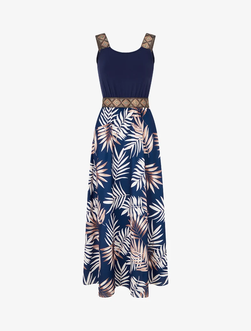 Kleid mit Blattdruck und stilisierten Trägern - Marine