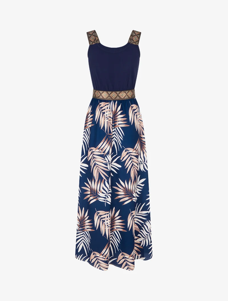 Kleid mit Blattdruck und stilisierten Trägern - Marine