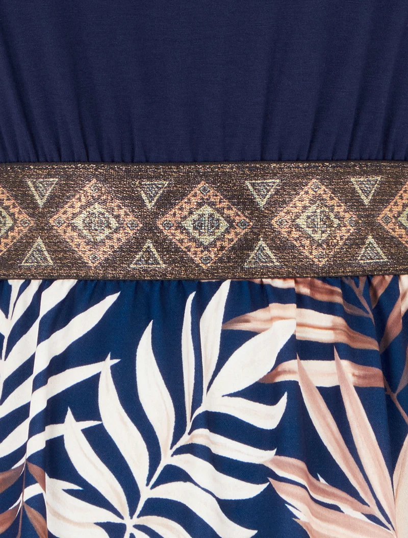 Kleid mit Blattdruck und stilisierten Trägern - Marine
