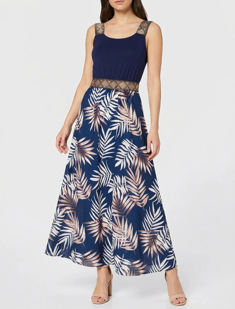 Kleid mit Blattdruck und stilisierten Trägern - Marine