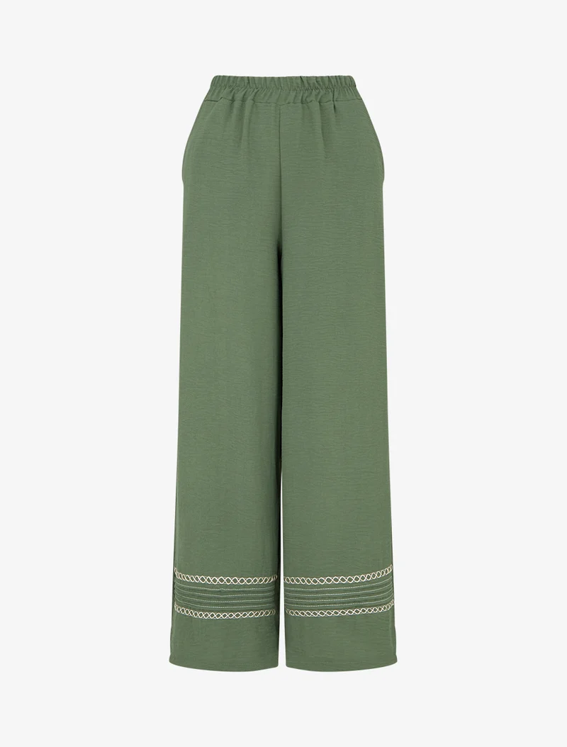 Weite Hose mit bestickten Kanten - Kaki