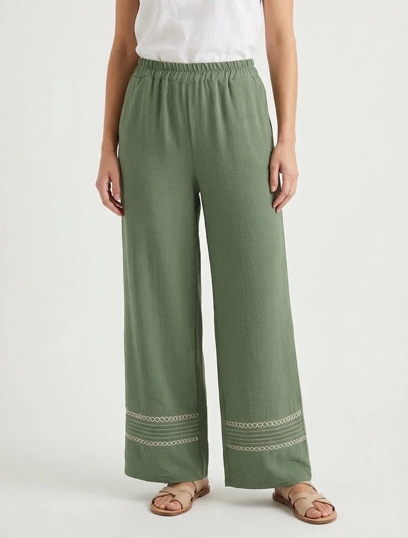 Weite Hose mit bestickten Kanten - Kaki