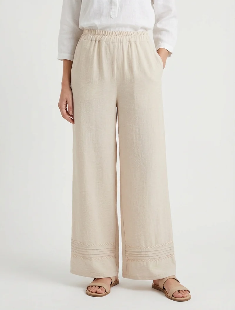 Weite Hose mit bestickten Kanten - Beige