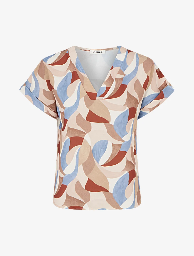 Kurzarm-Top mit abstraktem Print - Kamel