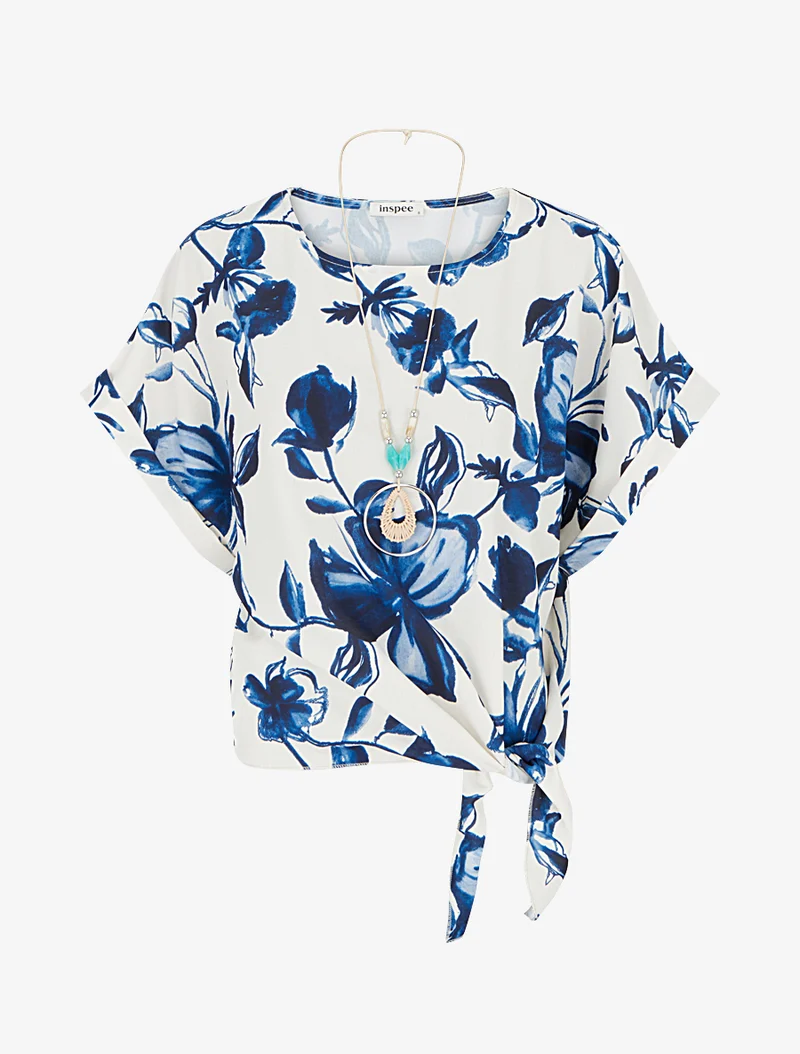 Geknotetes florales Print-Top - Marine