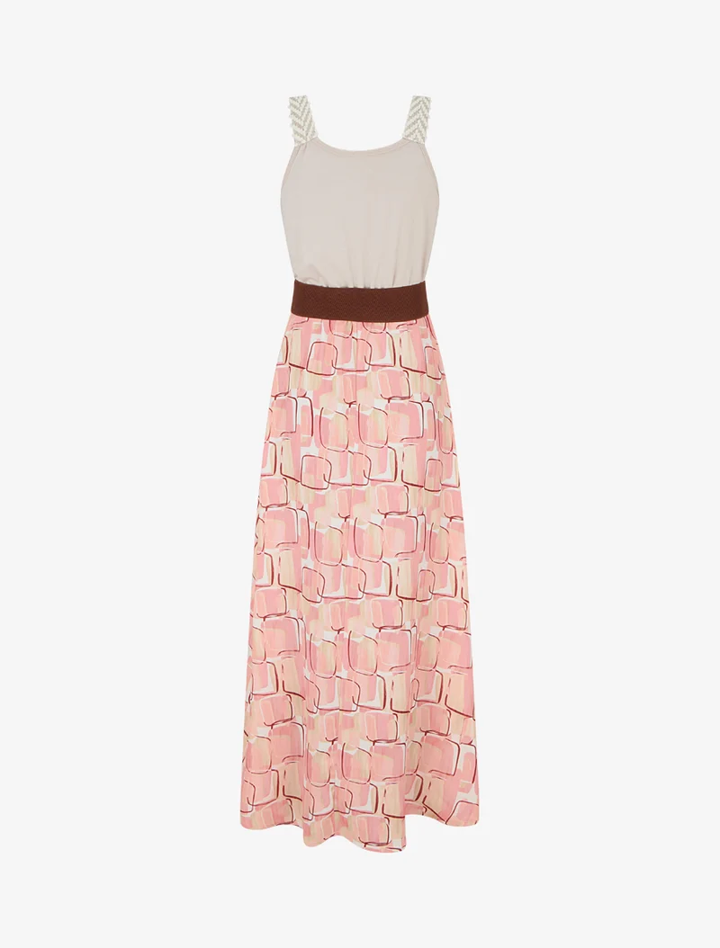 Langes Kleid mit grafischem Druck - Lachsrosa