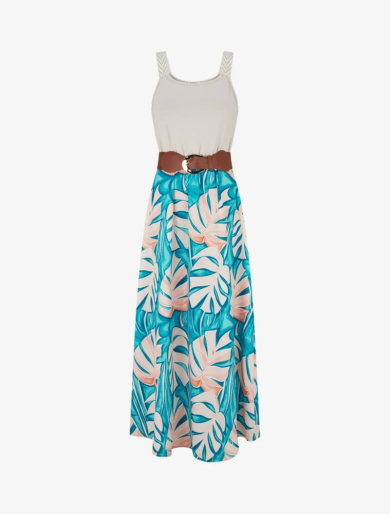 Langes Kleid mit Blätterdruck - Entenblau