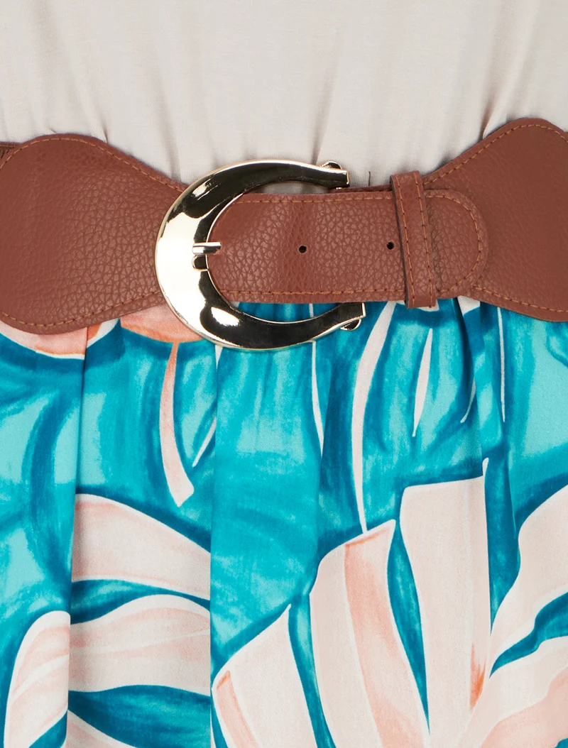 Langes Kleid mit Blätterdruck - Entenblau