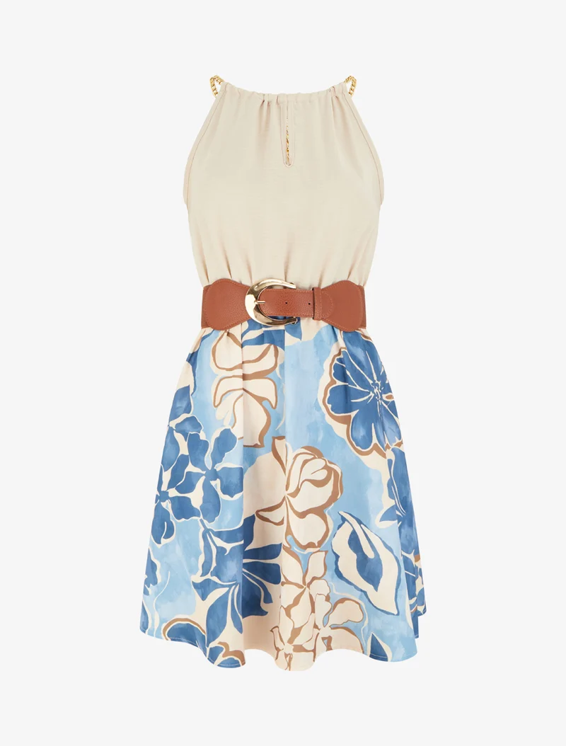 Kleid mit Ketten-Trägern und großem Blumenmuster - Hellblau