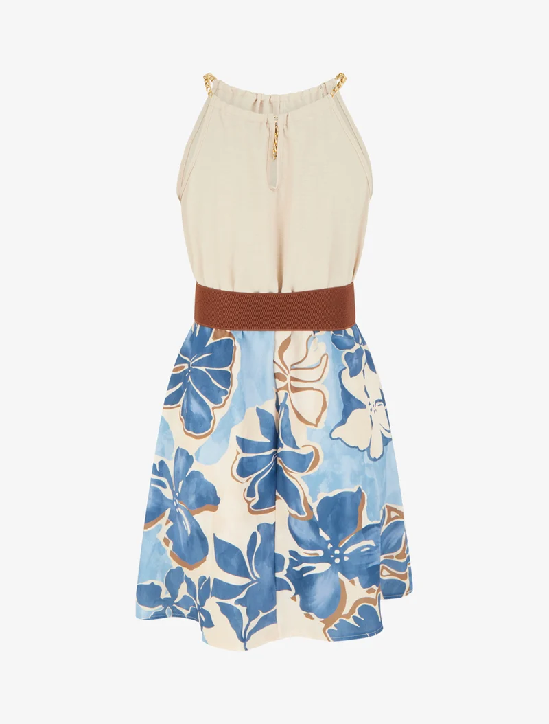 Kleid mit Ketten-Trägern und großem Blumenmuster - Hellblau