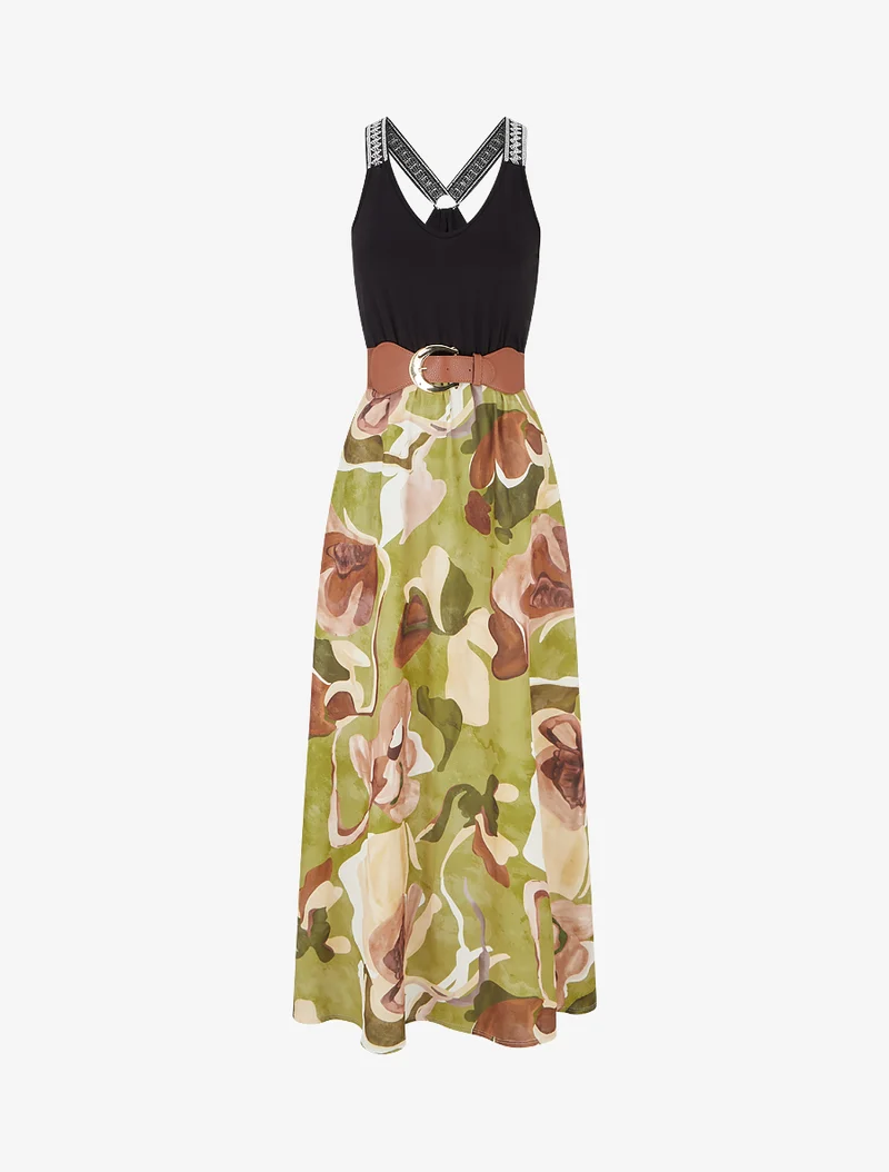 Langes Kleid mit Fantasiemuster - Olivgrün
