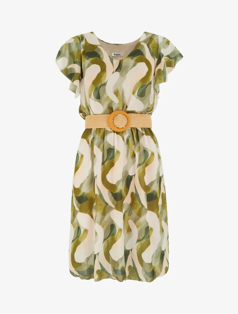 Kleid mit Flügelärmeln und Fantasiemuster. - Kaki