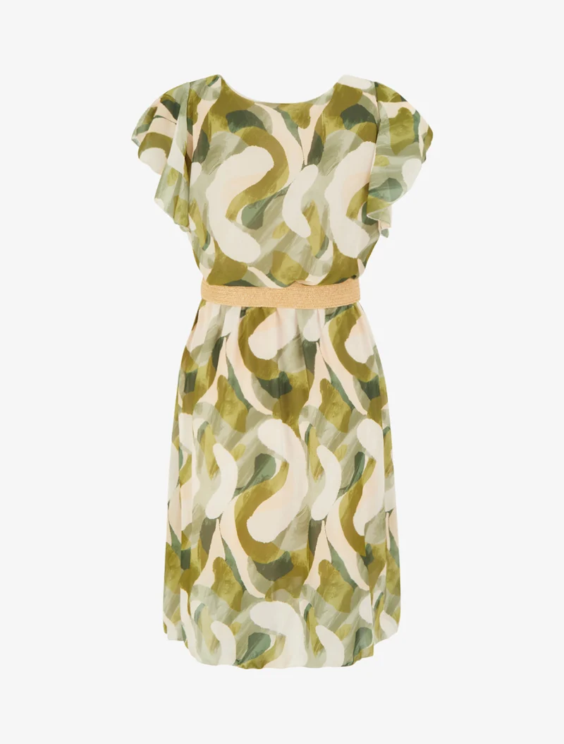 Kleid mit Flügelärmeln und Fantasiemuster. - Kaki