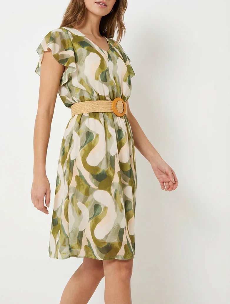 Kleid mit Flügelärmeln und Fantasiemuster. - Kaki