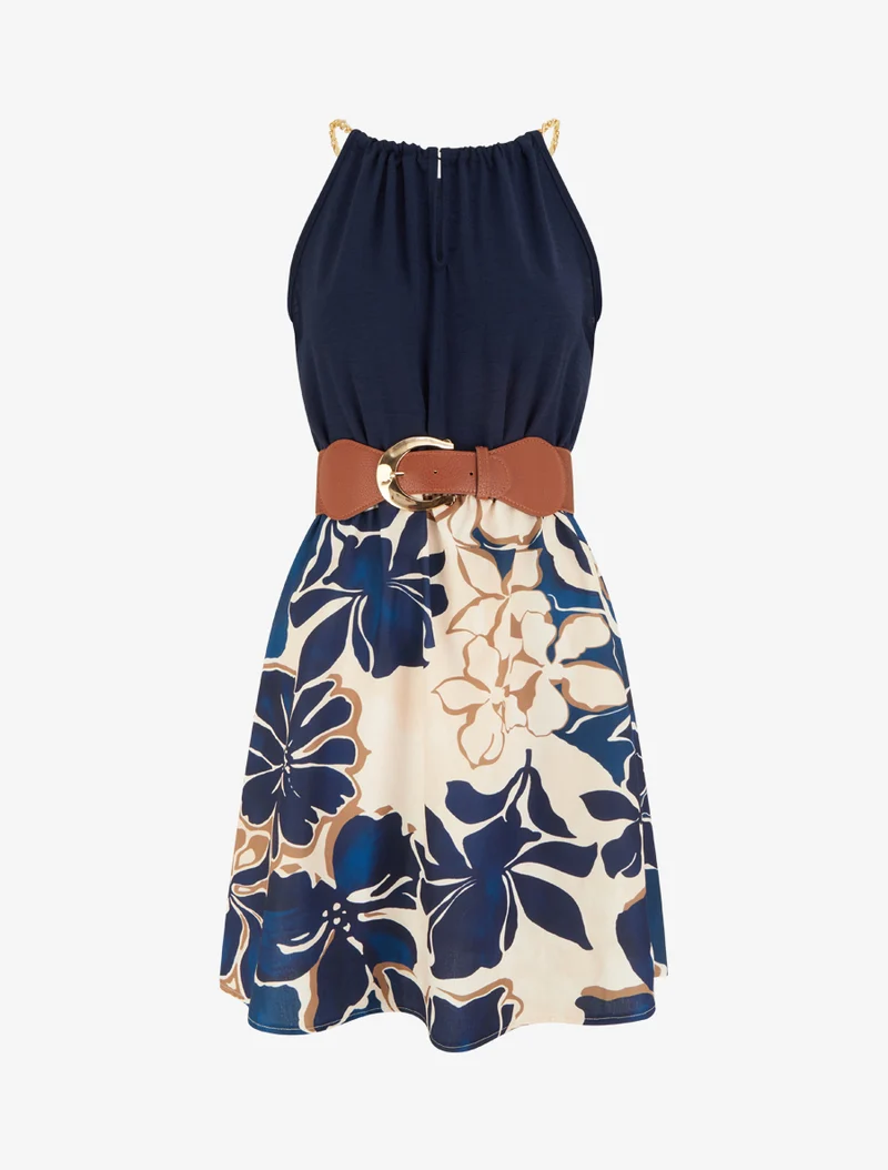 Kleid mit Ketten-Trägern und großem Blumenmuster - Marine