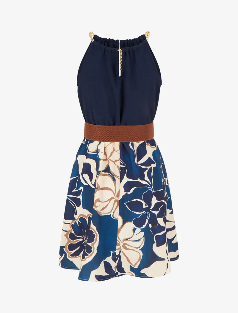 Kleid mit Ketten-Trägern und großem Blumenmuster - Marine