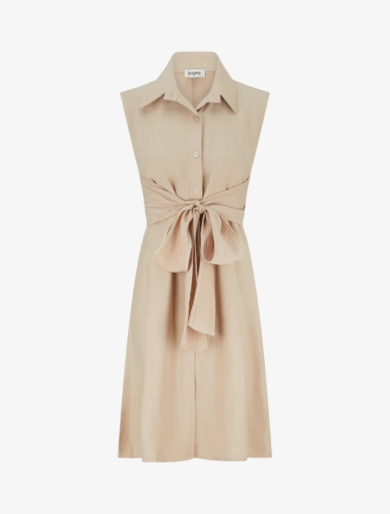 Ärmelloses Hemdkleid mit Bindebändern - Beige