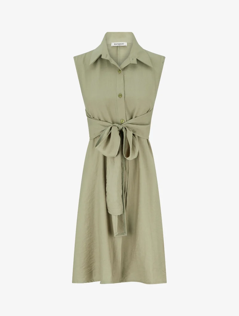 Ärmelloses Hemdkleid mit Bindebändern - Olivgrün