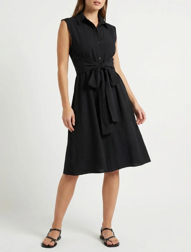 Ärmelloses Hemdkleid mit Bindebändern - Schwarz