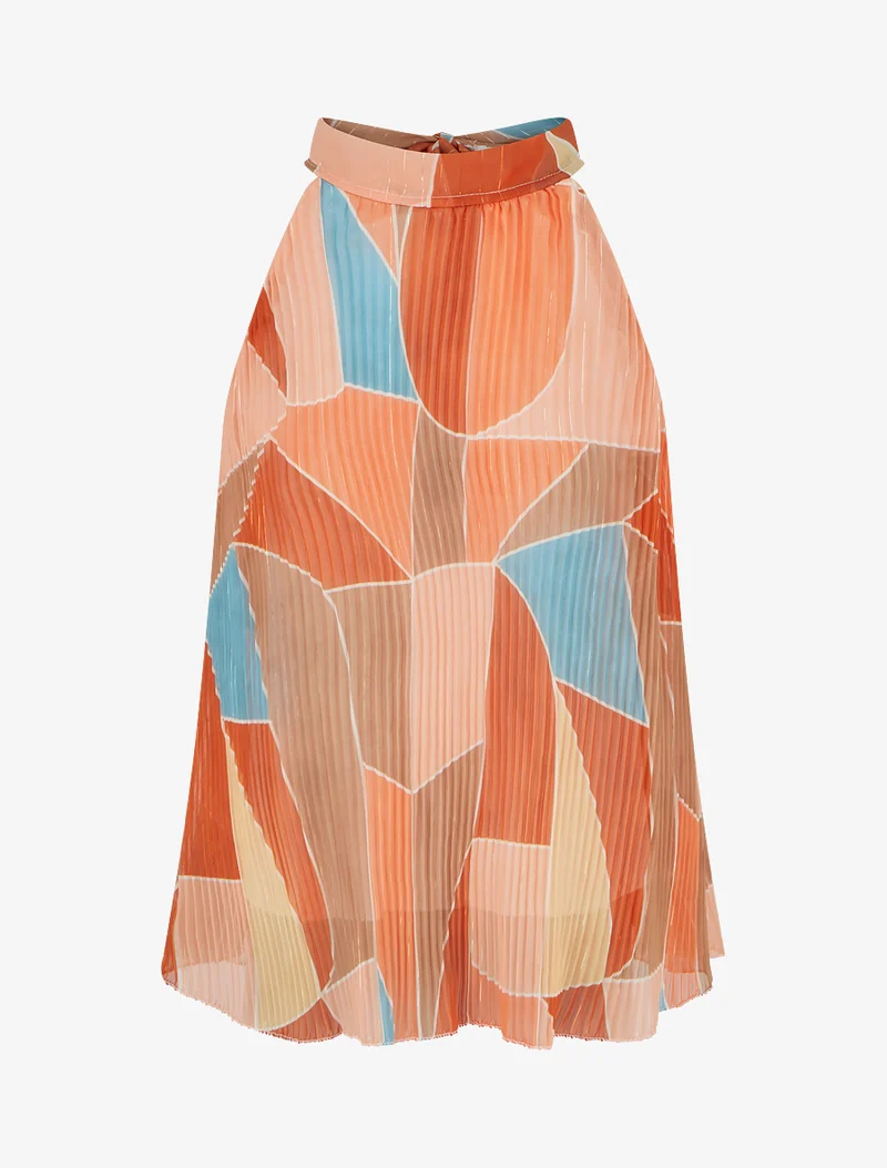Ärmelloses, plissiertes Top mit grafischem Print. - Orange