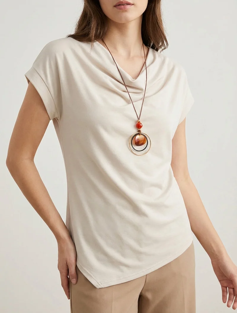 Kurzarm-Top mit Wasserfallausschnitt - Hellbeige