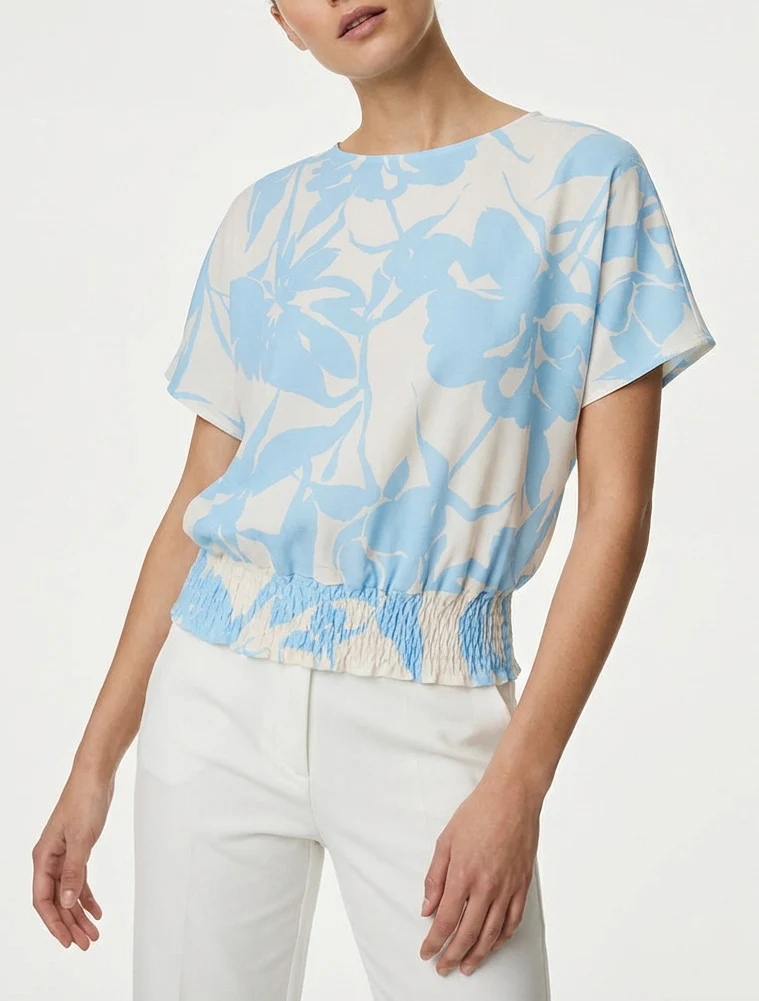 Top mit Blumenmuster im Kugelschnitt - Himmelblau