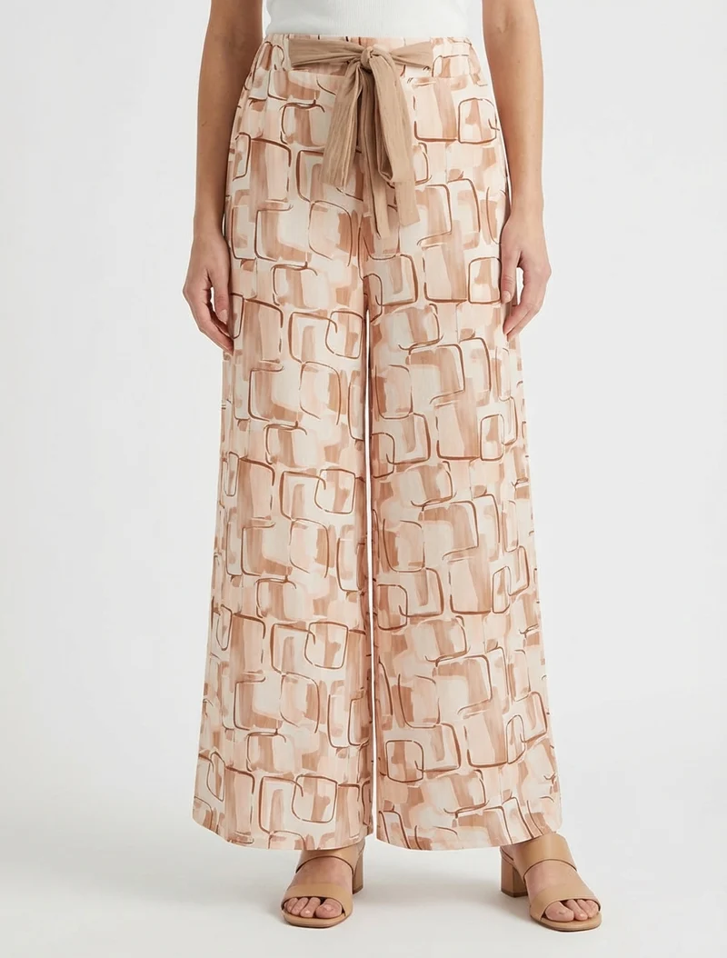 Weit geschnittene Hose mit grafischem Print. - Beige