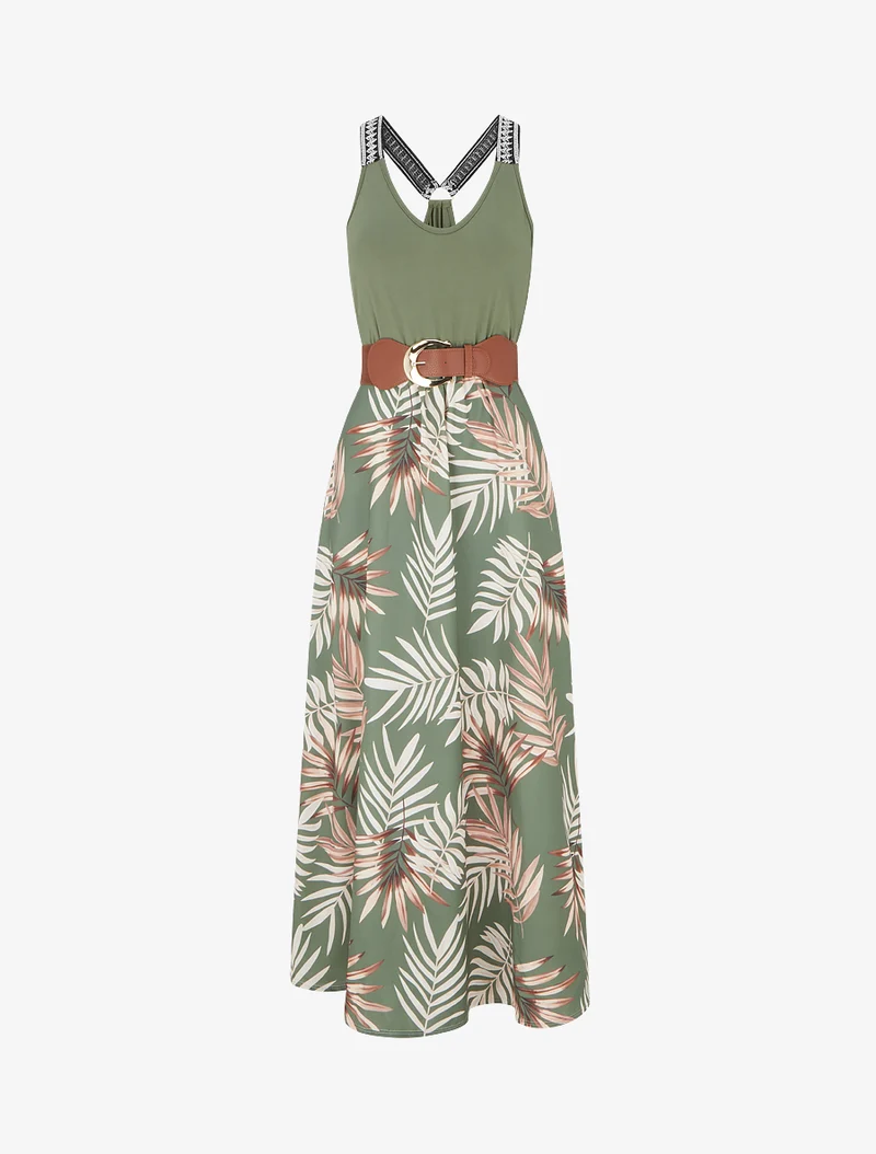 Langes Kleid mit Blätterdruck - Kaki