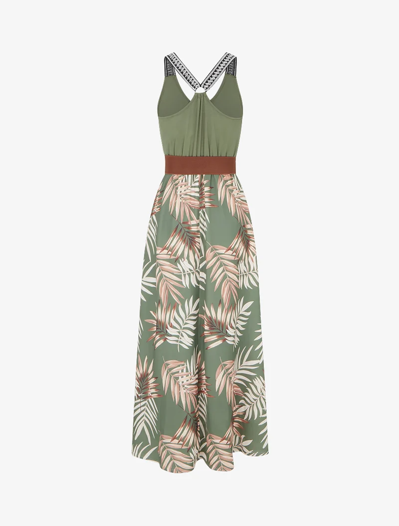 Langes Kleid mit Blätterdruck - Kaki