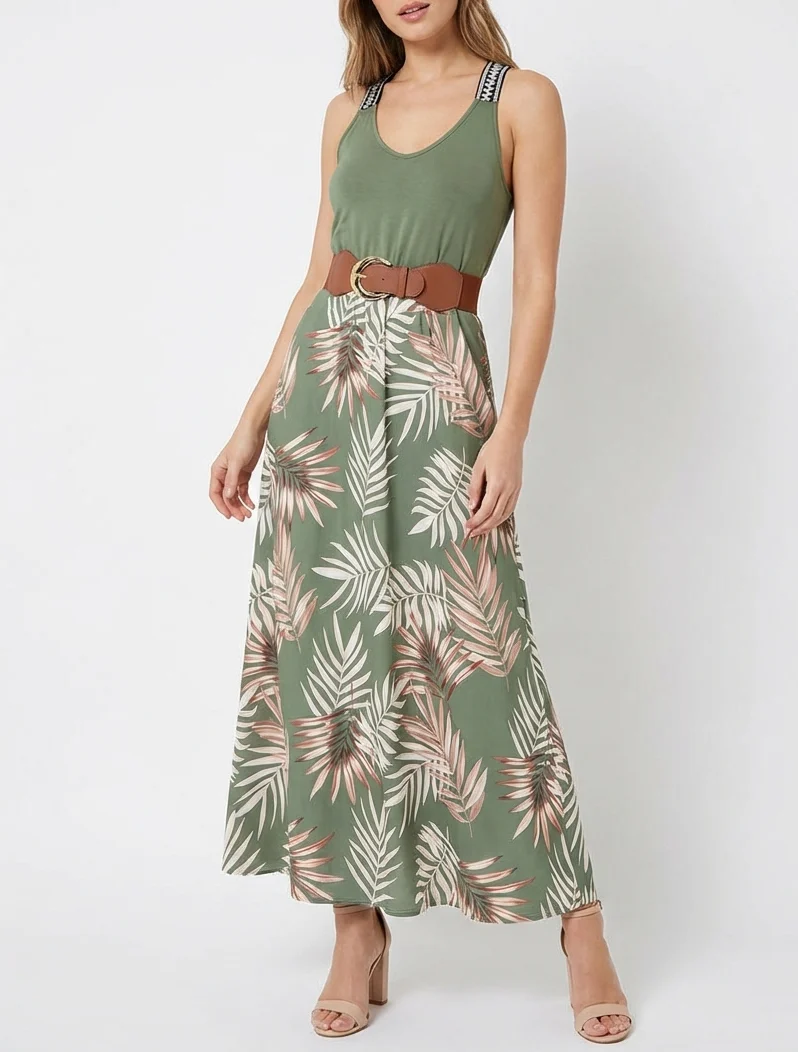 Langes Kleid mit Blätterdruck - Kaki