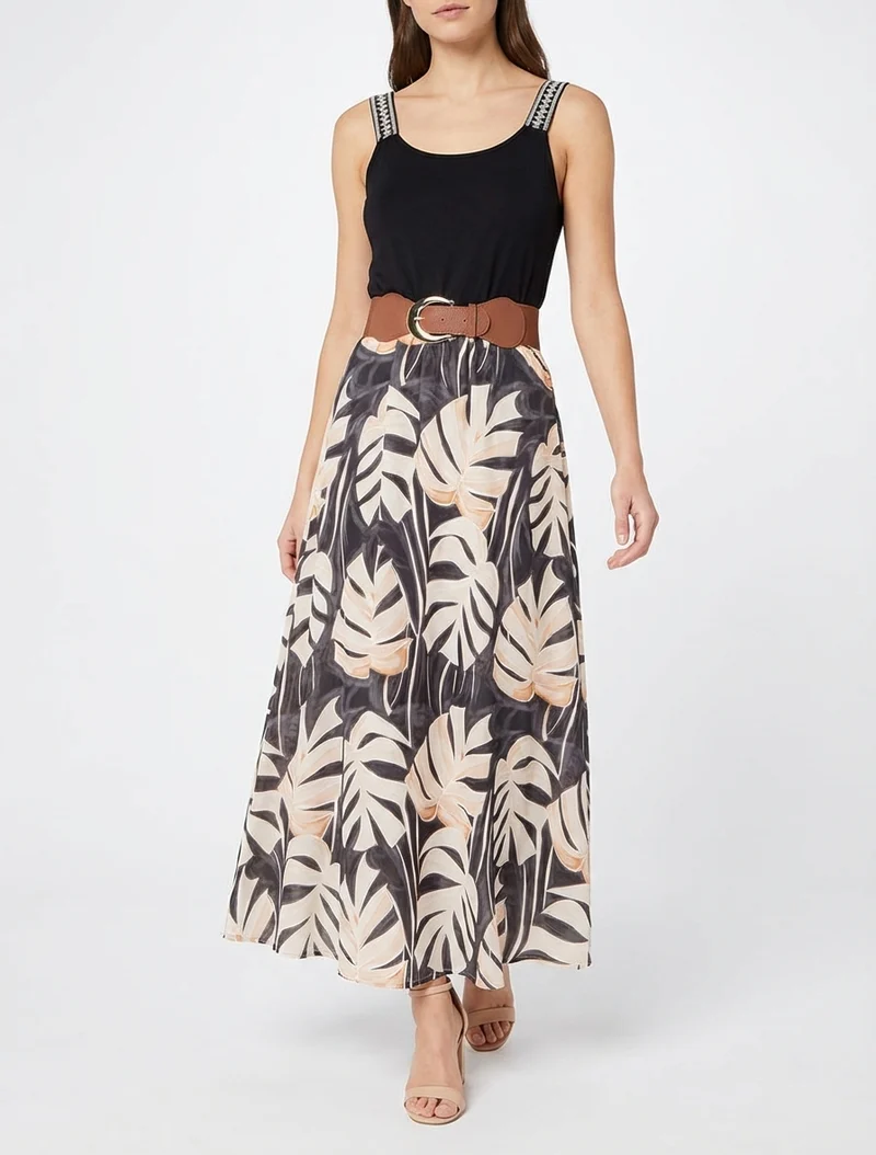 Langes Kleid mit Blätterdruck - Schwarz