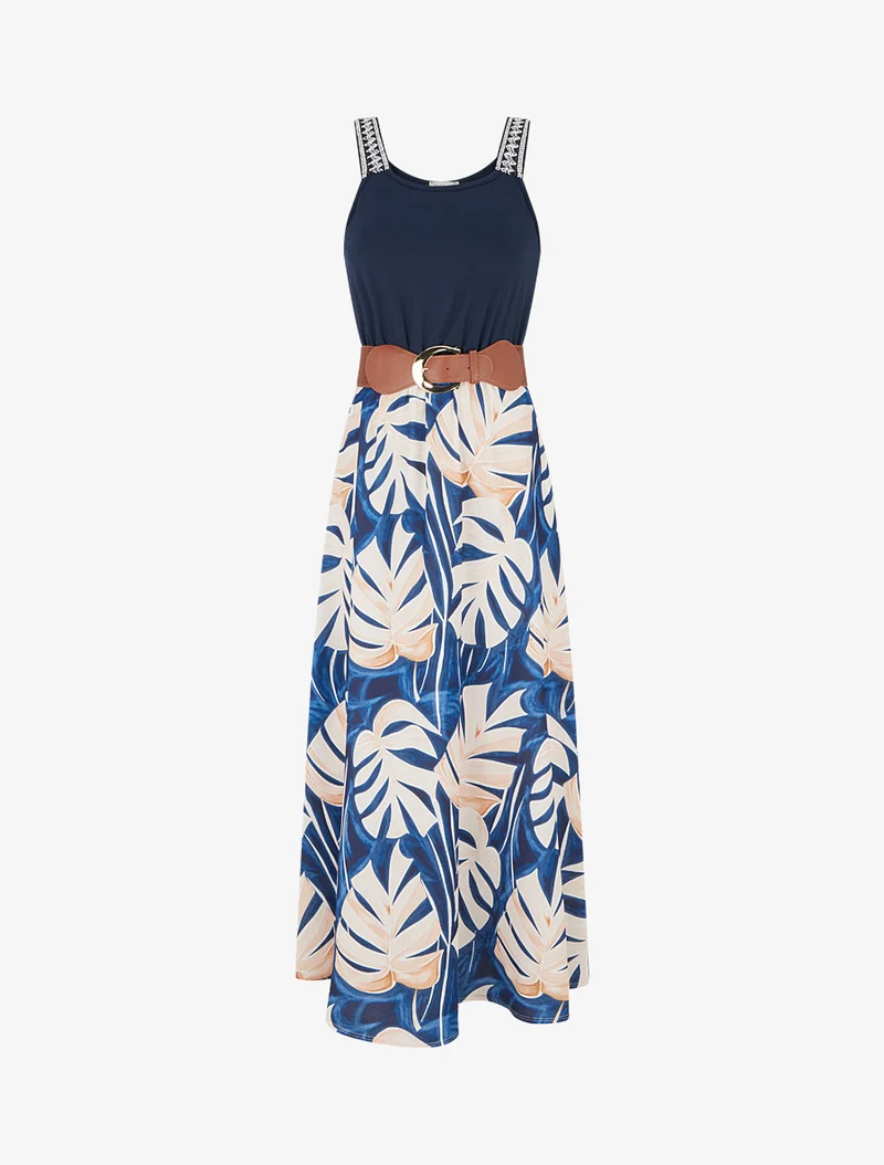 Langes Kleid mit Blätterdruck - Marine
