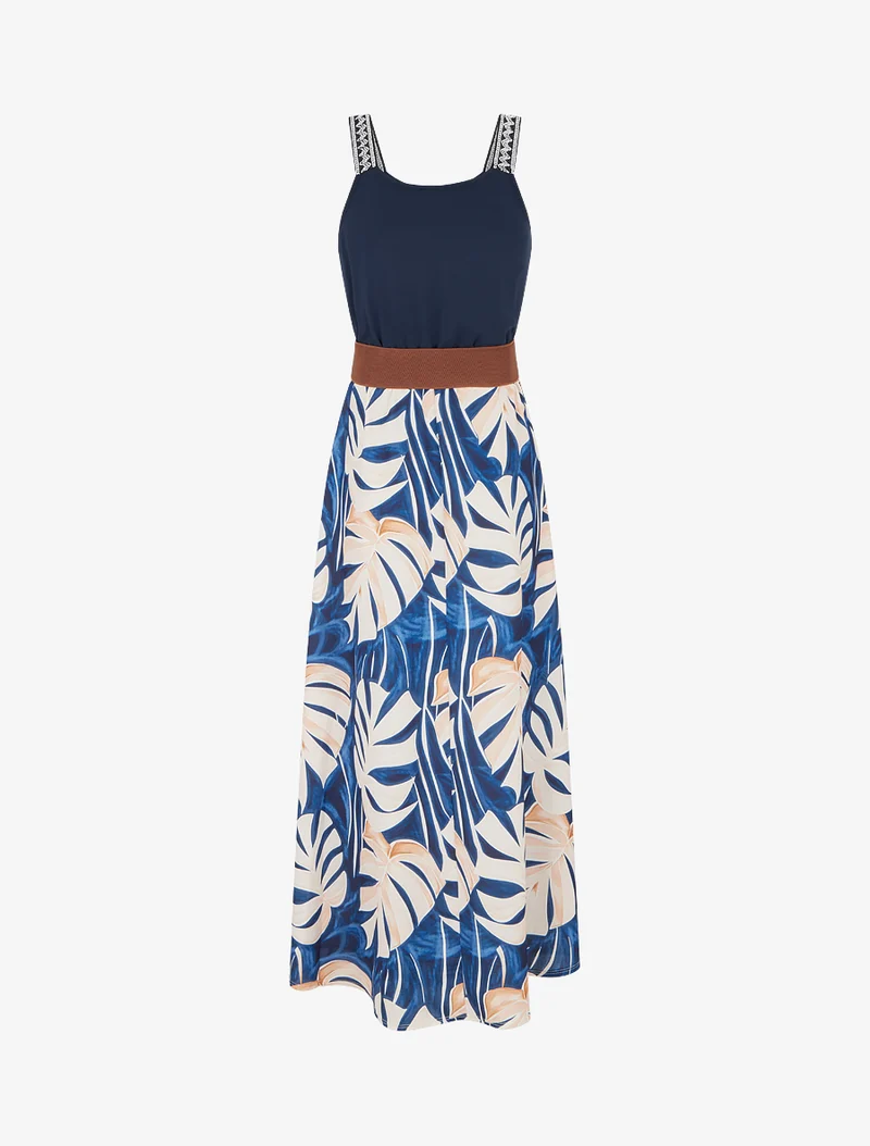 Langes Kleid mit Blätterdruck - Marine