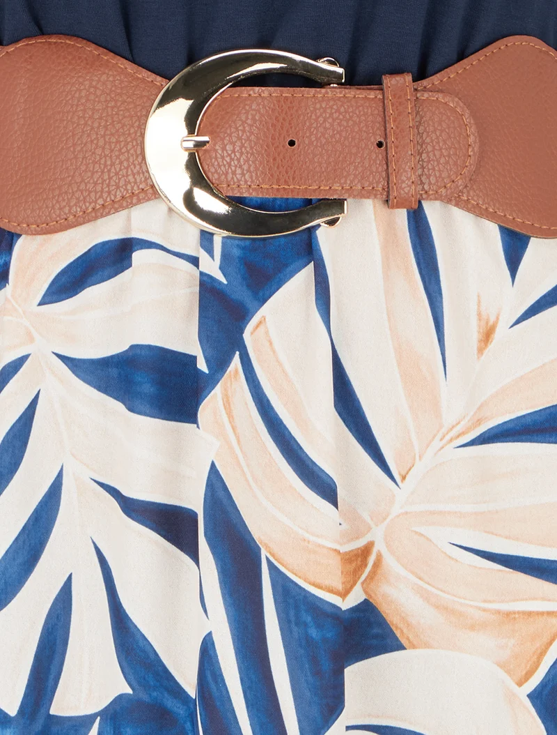 Langes Kleid mit Blätterdruck - Marine