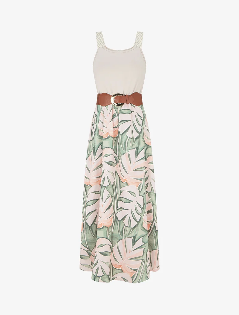 Langes Kleid mit Blätterdruck - Beige