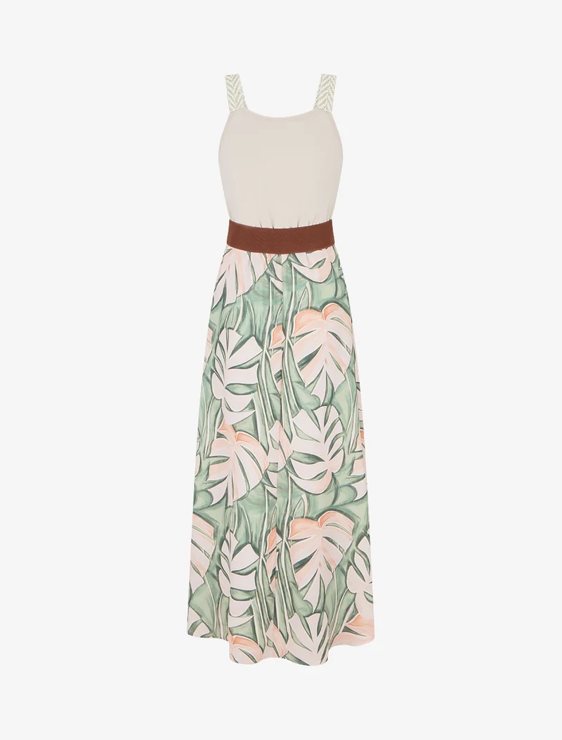 Langes Kleid mit Blätterdruck - Beige