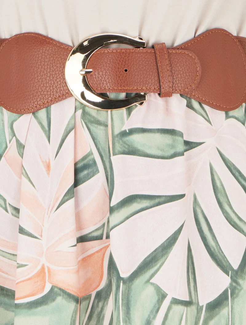 Langes Kleid mit Blätterdruck - Beige