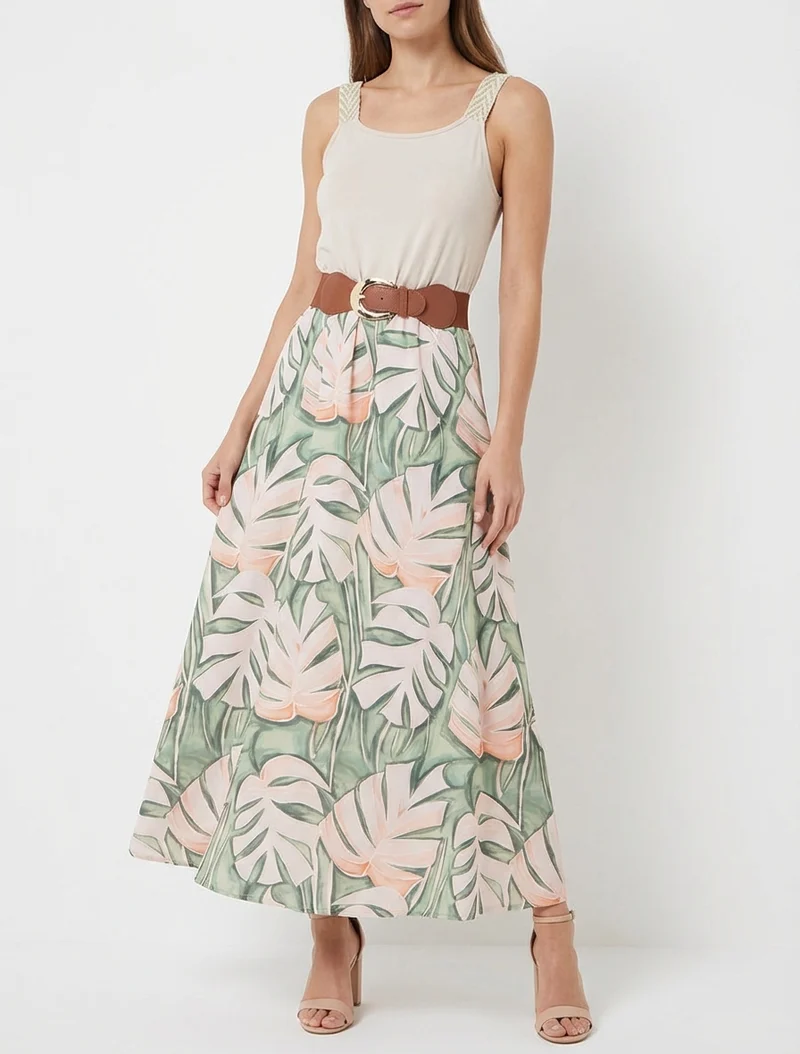 Langes Kleid mit Blätterdruck - Beige