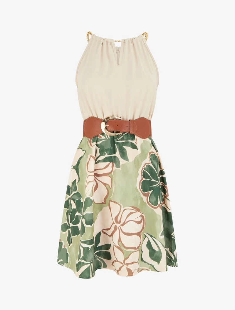 Kleid mit Ketten-Trägern und großem Blumenmuster - Kaki