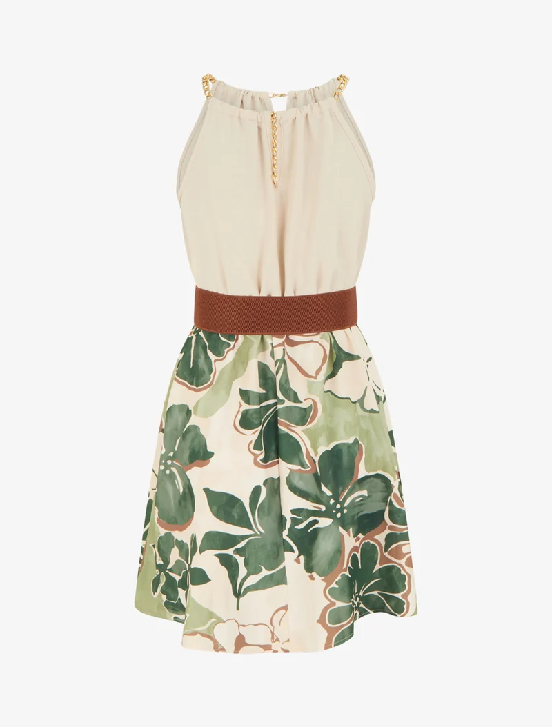 Kleid mit Ketten-Trägern und großem Blumenmuster - Kaki