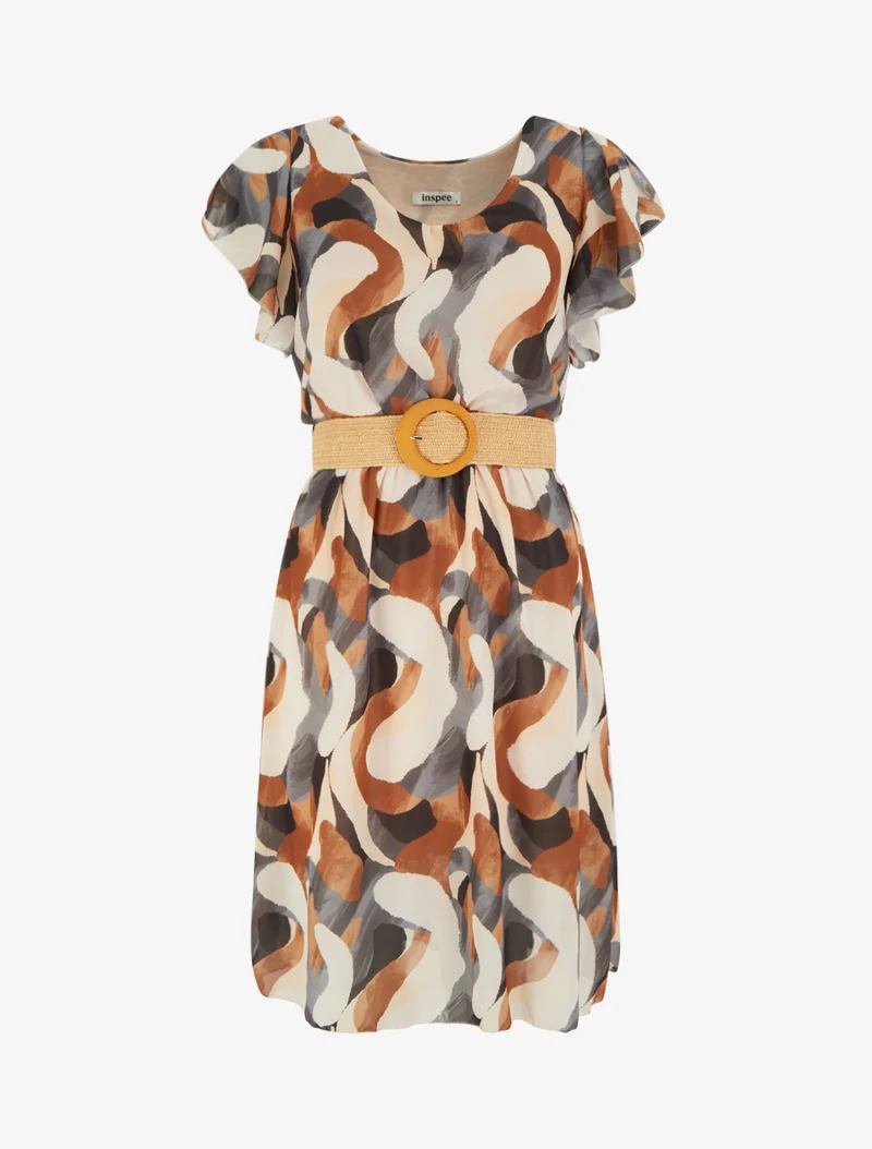 Kleid mit Flügelärmeln und Fantasiemuster. - Schwarz