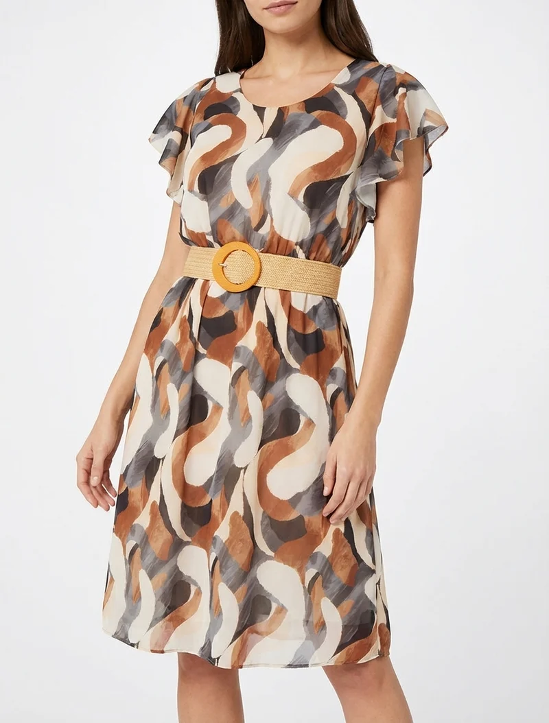 Kleid mit Flügelärmeln und Fantasiemuster. - Schwarz