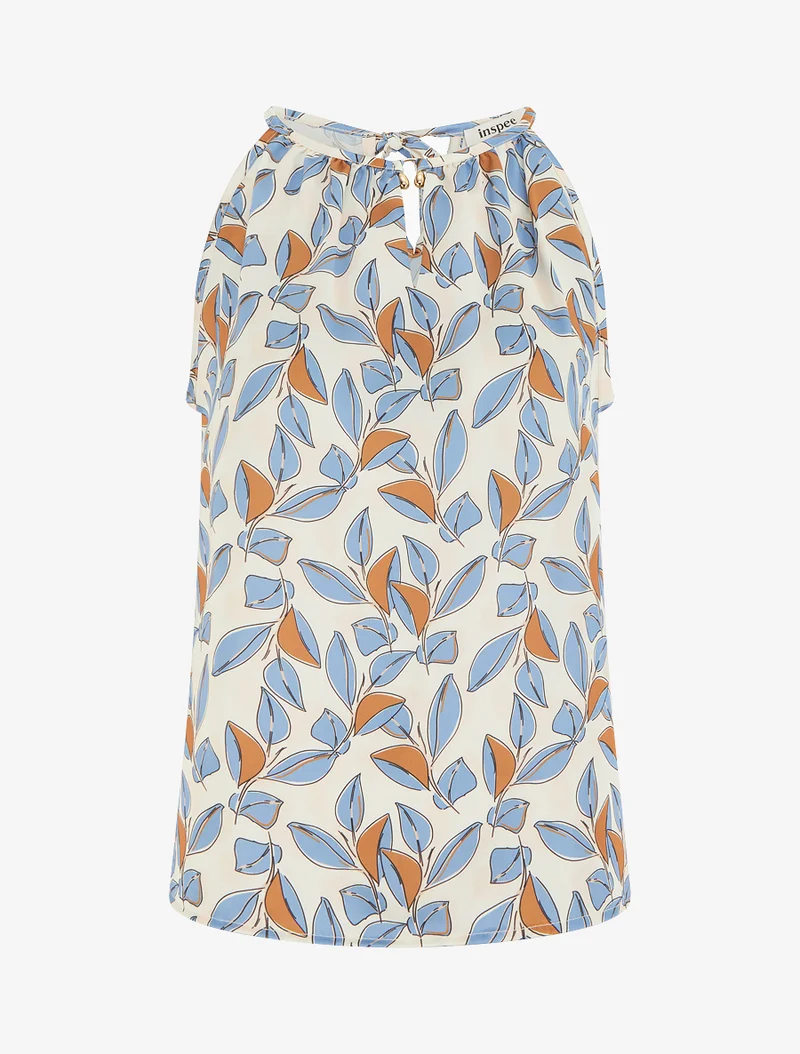 Ärmelloses Satin-Top mit Blätterdruck - Himmelblau
