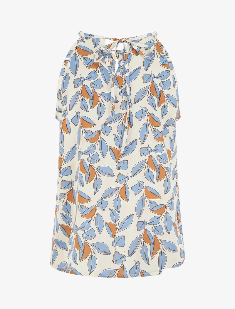 Ärmelloses Satin-Top mit Blätterdruck - Himmelblau
