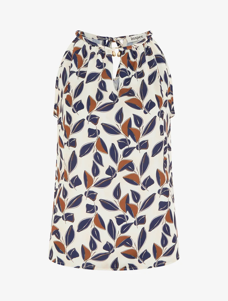 Ärmelloses Satin-Top mit Blätterdruck - Marine
