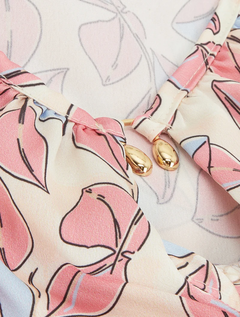 Ärmelloses Satin-Top mit Blätterdruck - Rose