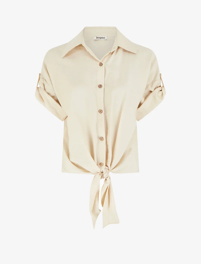 Weit geschnittenes Kurzarm-Knotenshirt - Beige