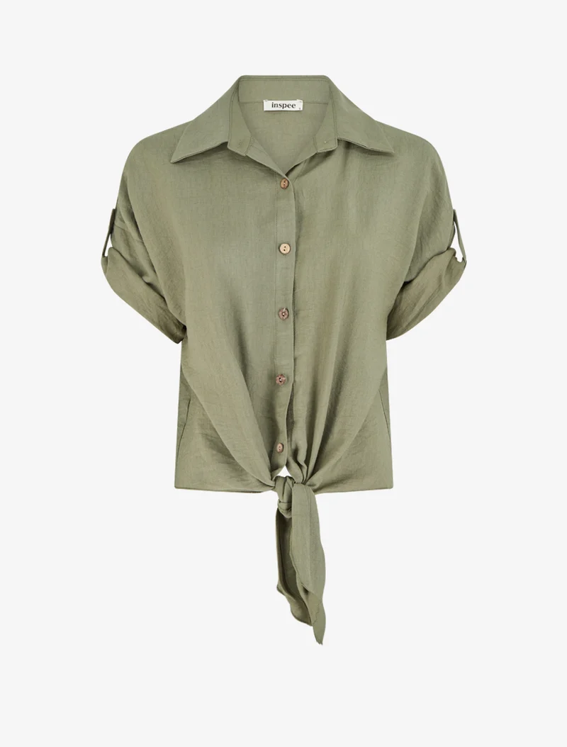 Weit geschnittenes Kurzarm-Knotenshirt - Kaki