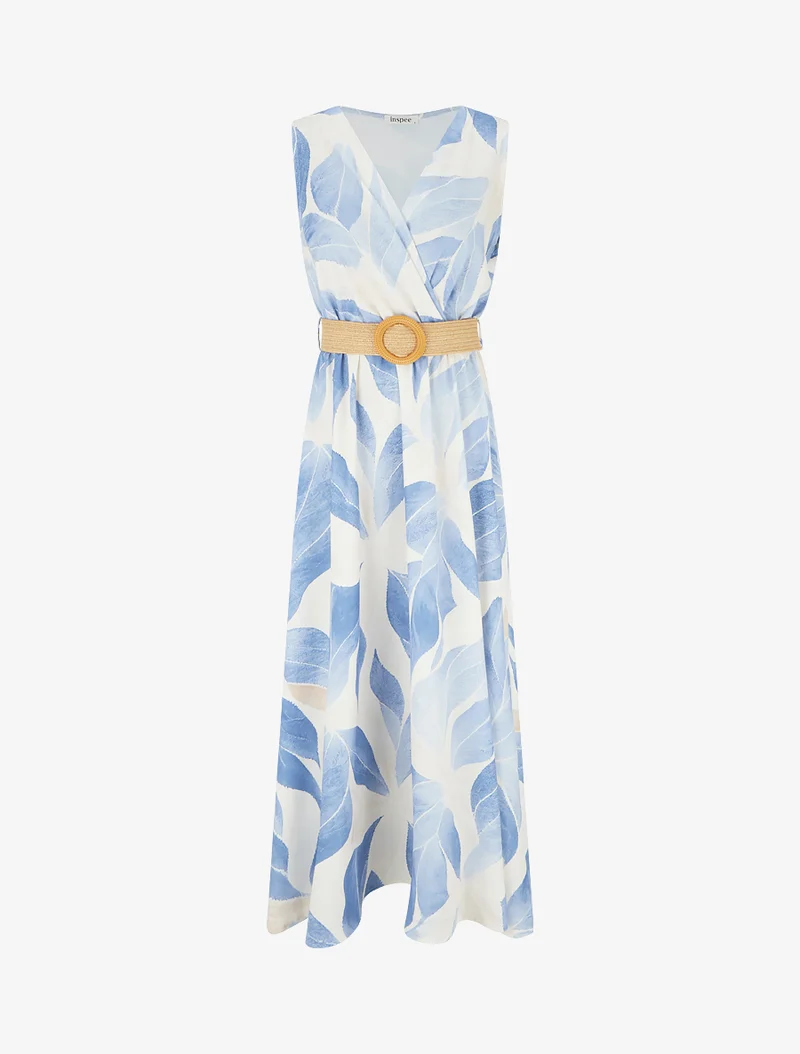 Blätterdruckkleid mit Wickelausschnitt - Himmelblau