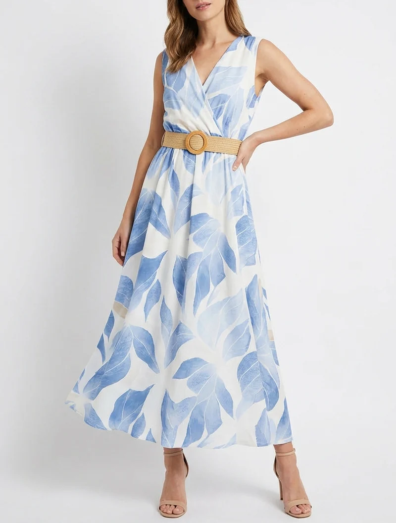 Blätterdruckkleid mit Wickelausschnitt - Himmelblau